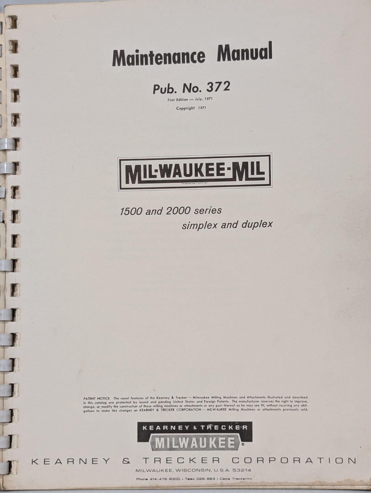 Lot of 4: Kearney & Trecker Milwaukee-Mil Pub. 372 Maintenance Manuals Bed-Type