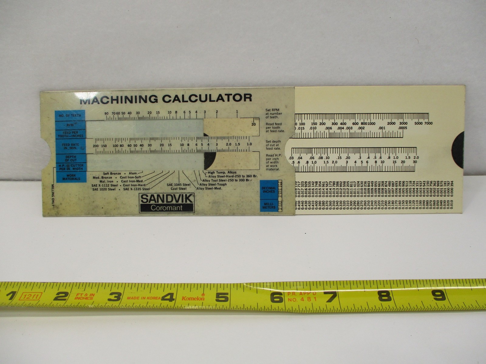 SANDVIK COROMANT Speed & Feed MACHINING Slide Calculator Perrygraf 1986 in EC