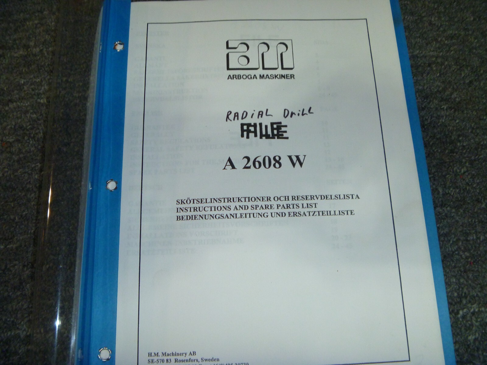 Arboga Maskiner A 2608 W Radial Drill Parts Catalog & Owner Operator Manual