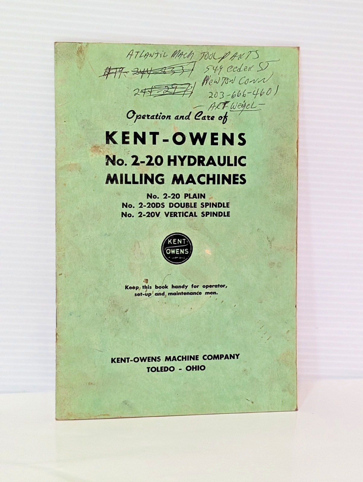 Lot of 3 Kent-Owens 1-14, 2-20, 2-20DS & 2-20V Milling Machine Owners Manuals