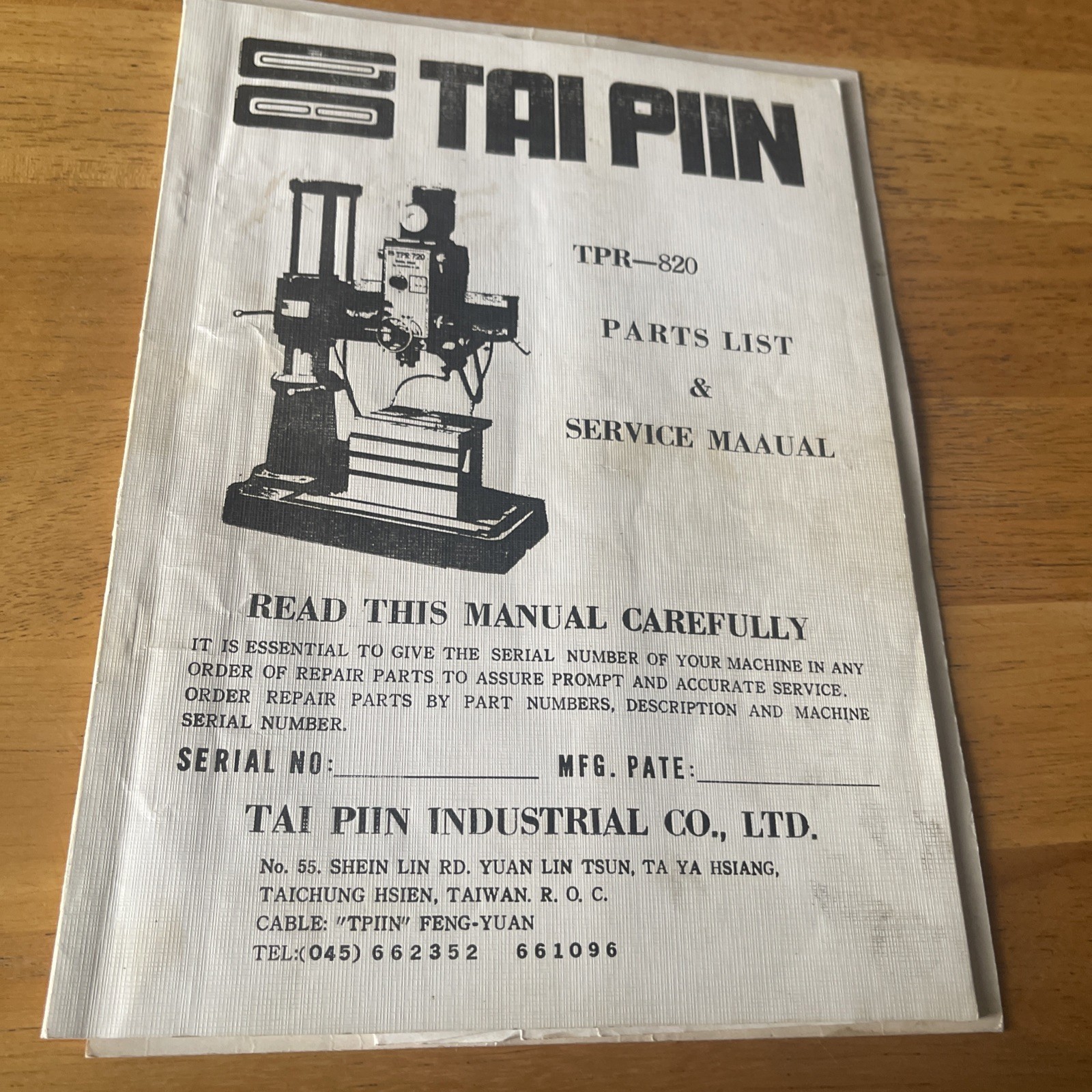 Tai PIIN TPR820 Parts List and SErvice Manual