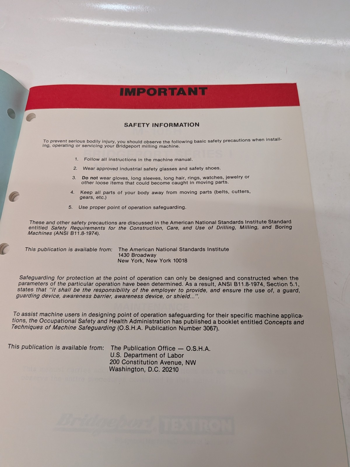 Bridgeport M-105H Series I Milling Machine manual April 1981 as shown