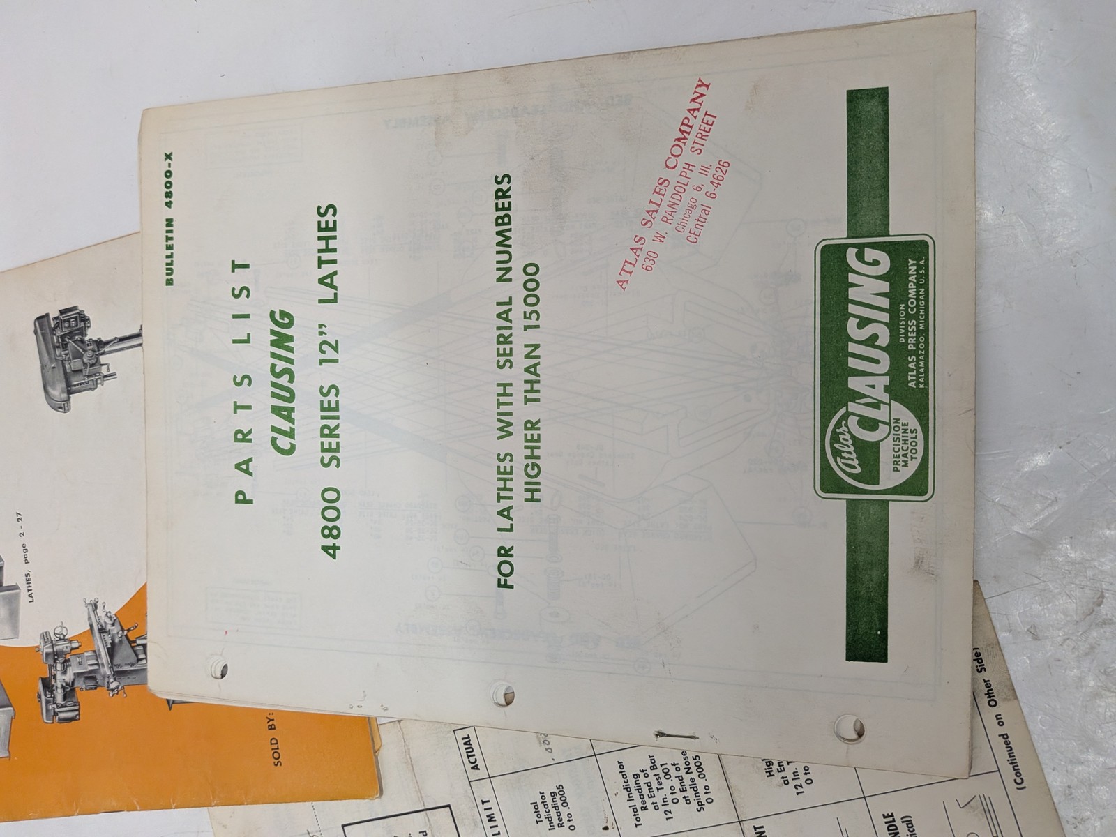 Atlas Clausing 4800 Series 12in Lathe Manuals Parts List Lot Model 4839