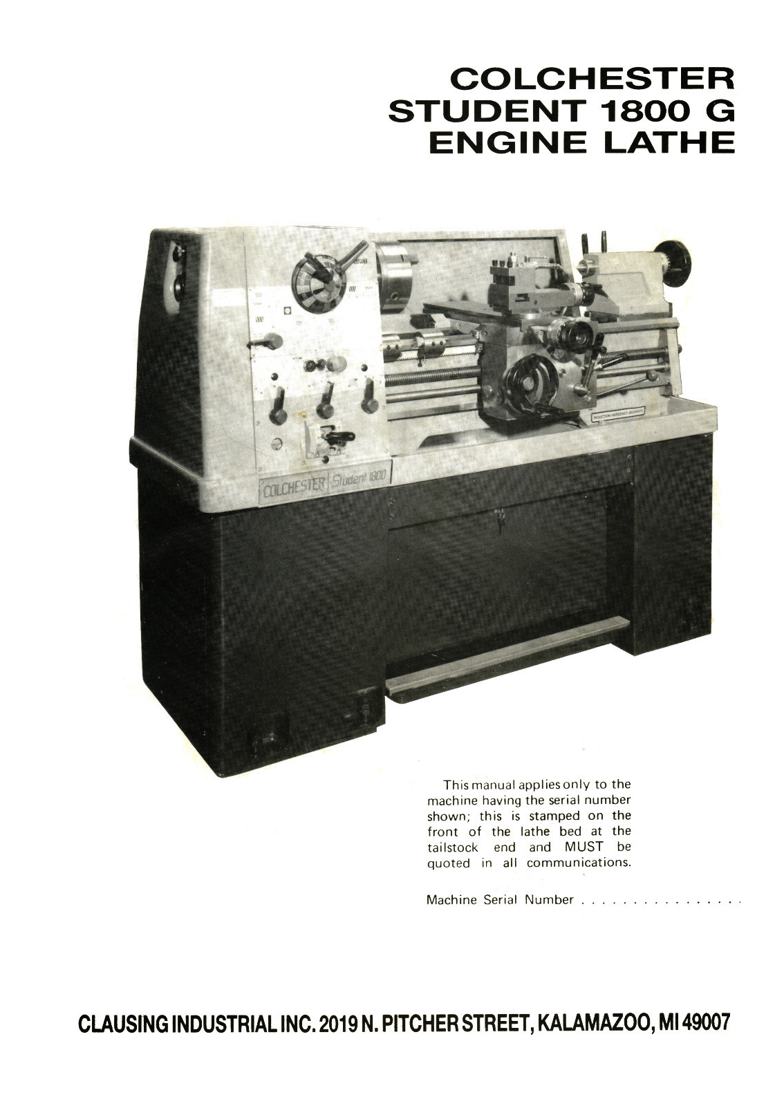Colchester Student 1800G Lathe SN: 08818 up Instruction and Parts Manual #1512