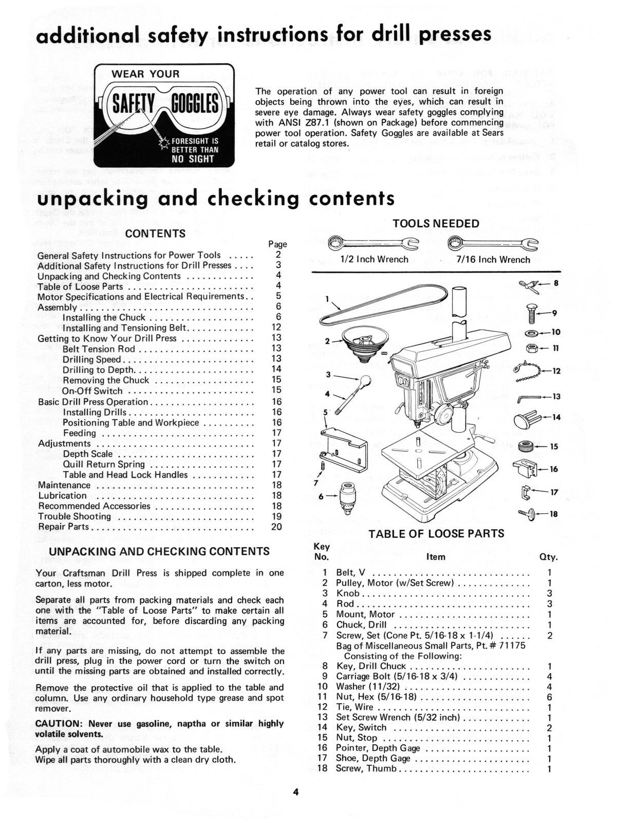 Sears Craftsman Drill Press 113.21371 Owner & Parts List Manual #1871