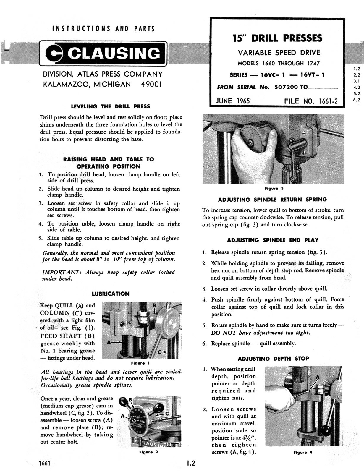 Clausing 15″ Variable Speed Drill Press Op, Instruction, Parts List Manual #1876
