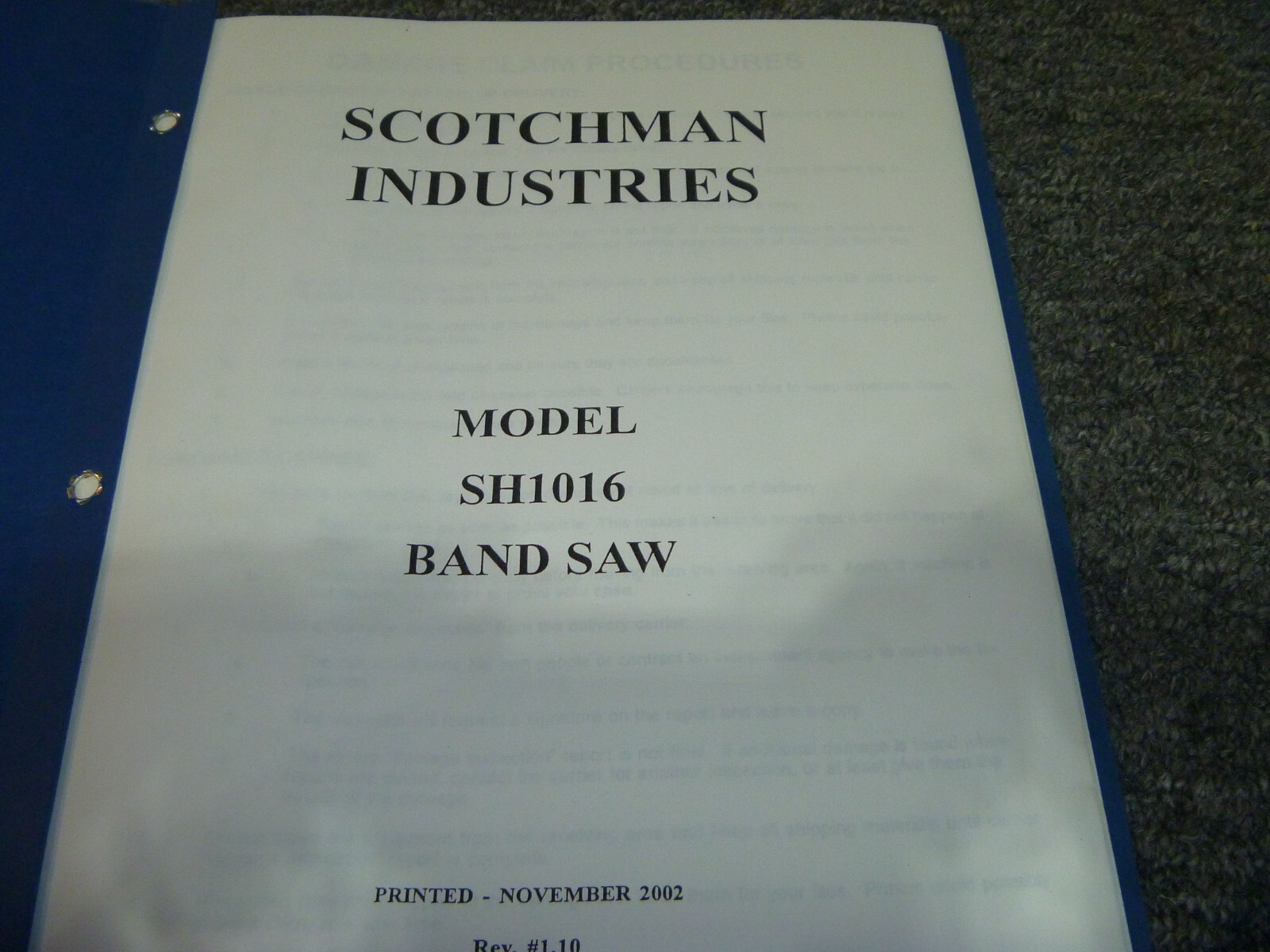 Scotchman Industries SH1016 Band Saw Owner Operator Instruction Manual