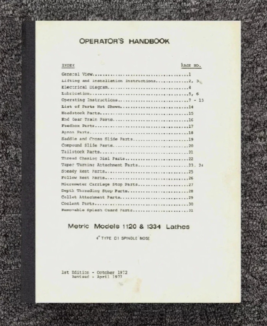 4″ Type D1 Spindle Nose Lathe Operator Manual Fits Standard-Modern 1120 1134