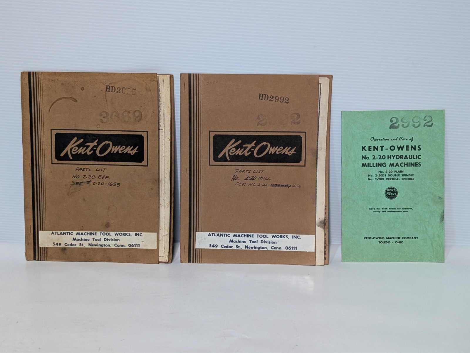Kent-Owens No. 2-20 Hydraulic Milling Machine Manuals Set, Free USA Ship