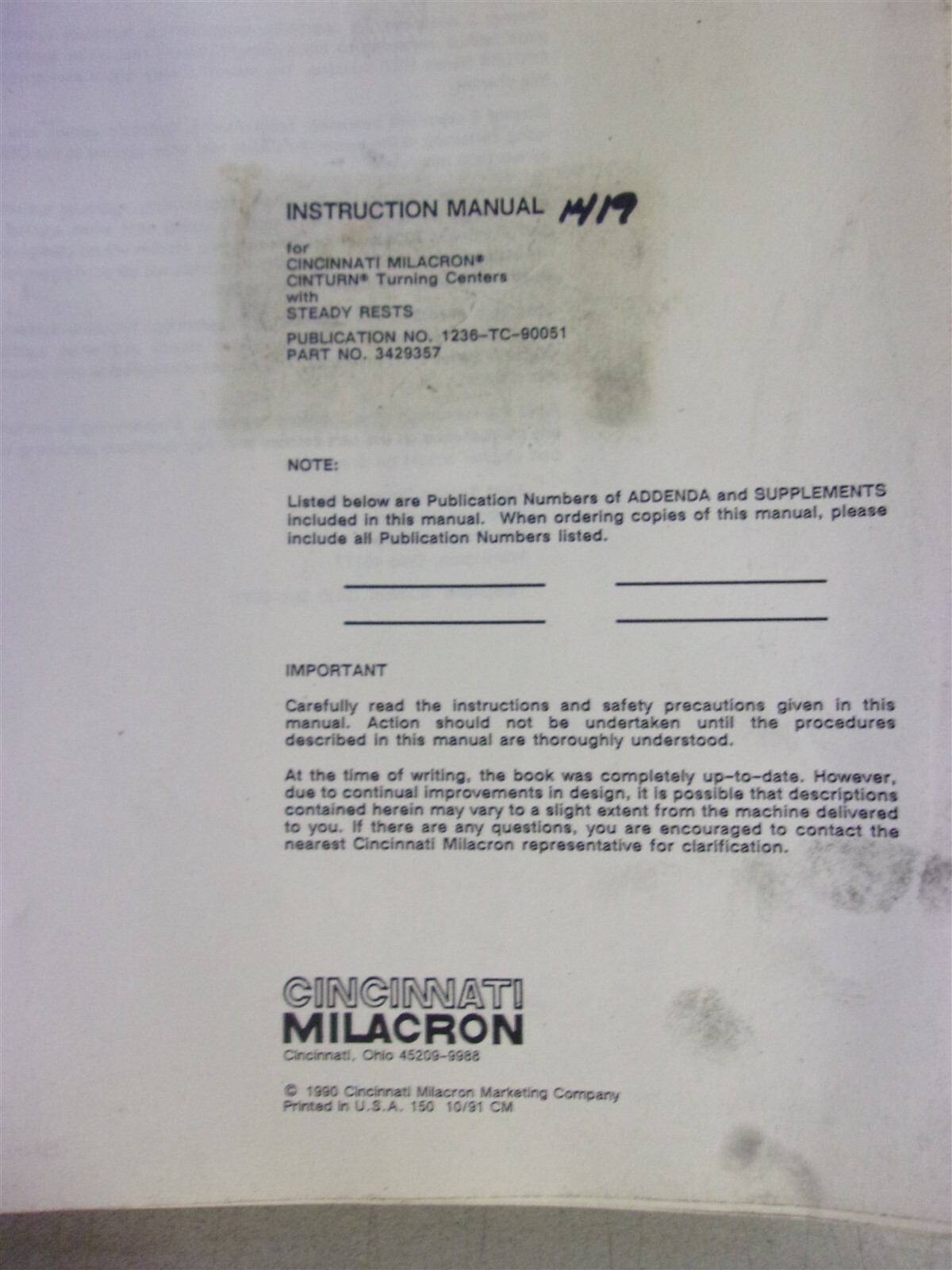 Cincinnati Milacron Cinturn Instruction Manual 1236-TC-90051 3429357 1990