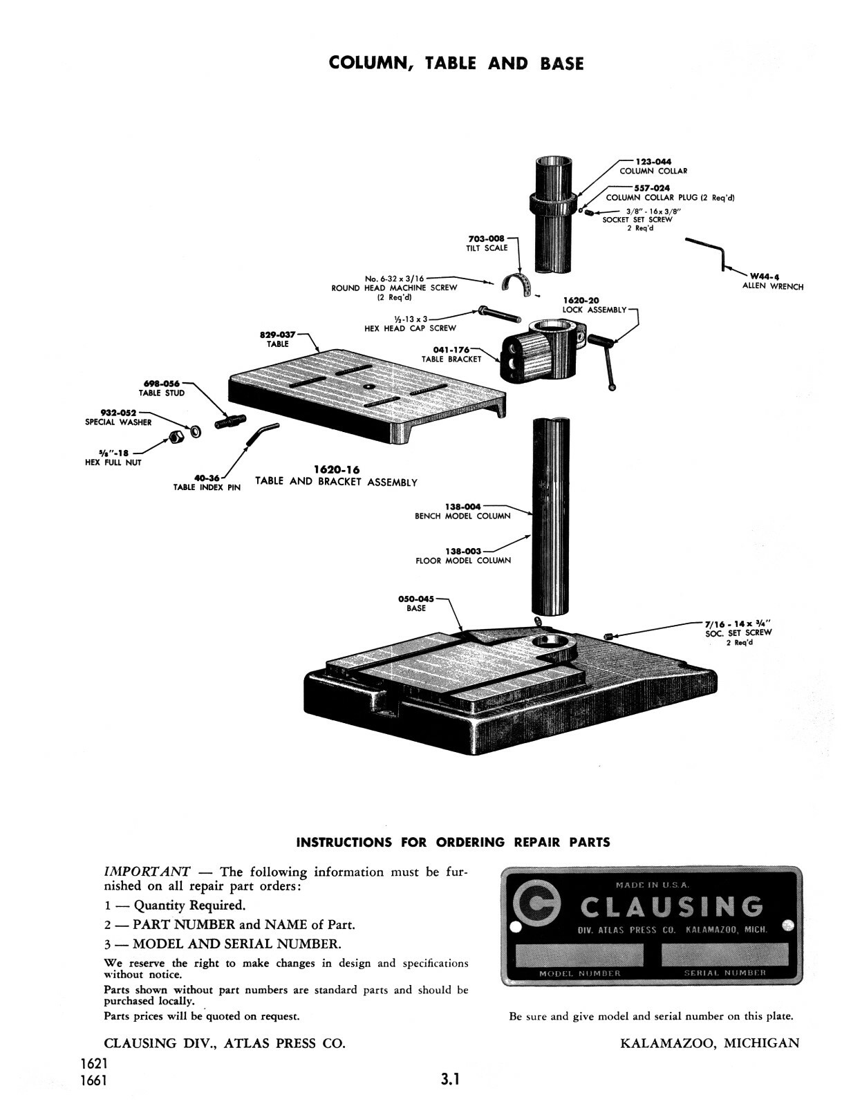 Clausing 15″ Variable Speed Drill Press Op, Instruction, Parts List Manual #1876