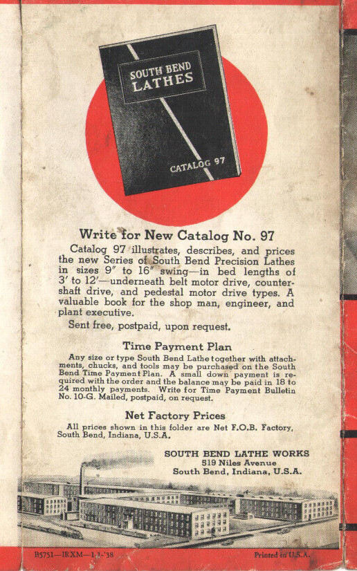 VINTAGE 1938 SOUTH BEND LATHE WORKS 9″ & 16″ NEW MODELS BROCHURE & PRICE LIST!