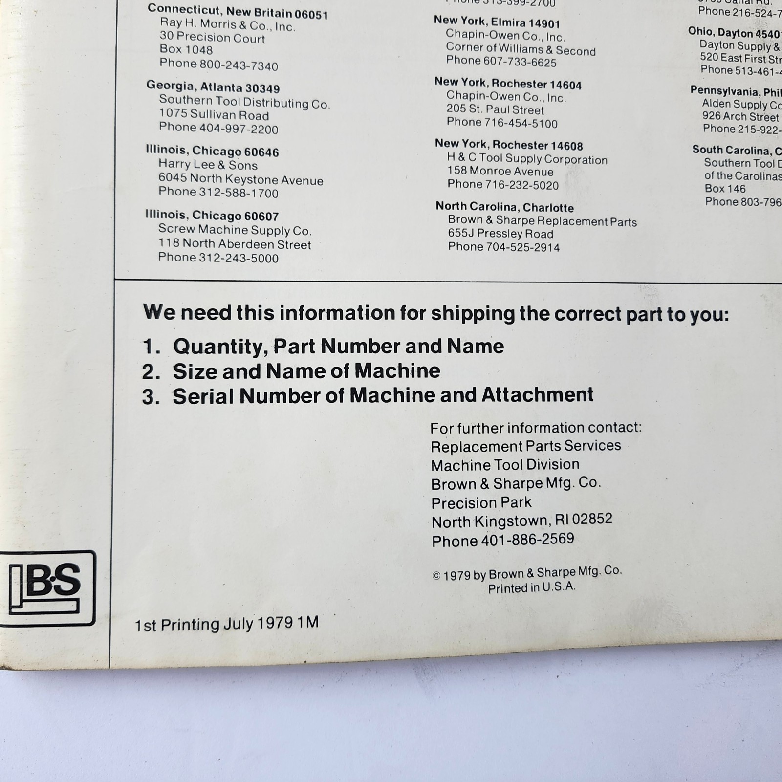 Brown & Sharpe Machine parts catalog 1979 for (PTC)