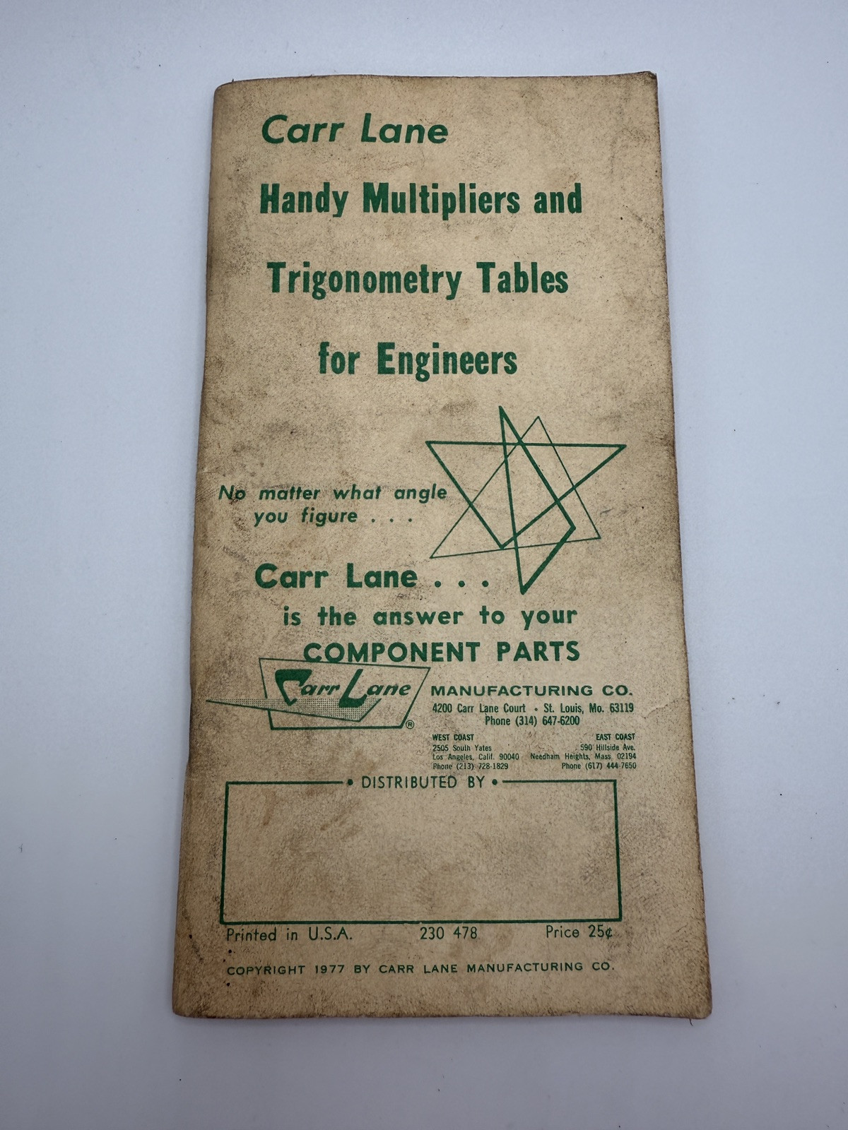 Carr Lane Trigonometry Tables Handy Reference Data for Engineers Vintage 1974