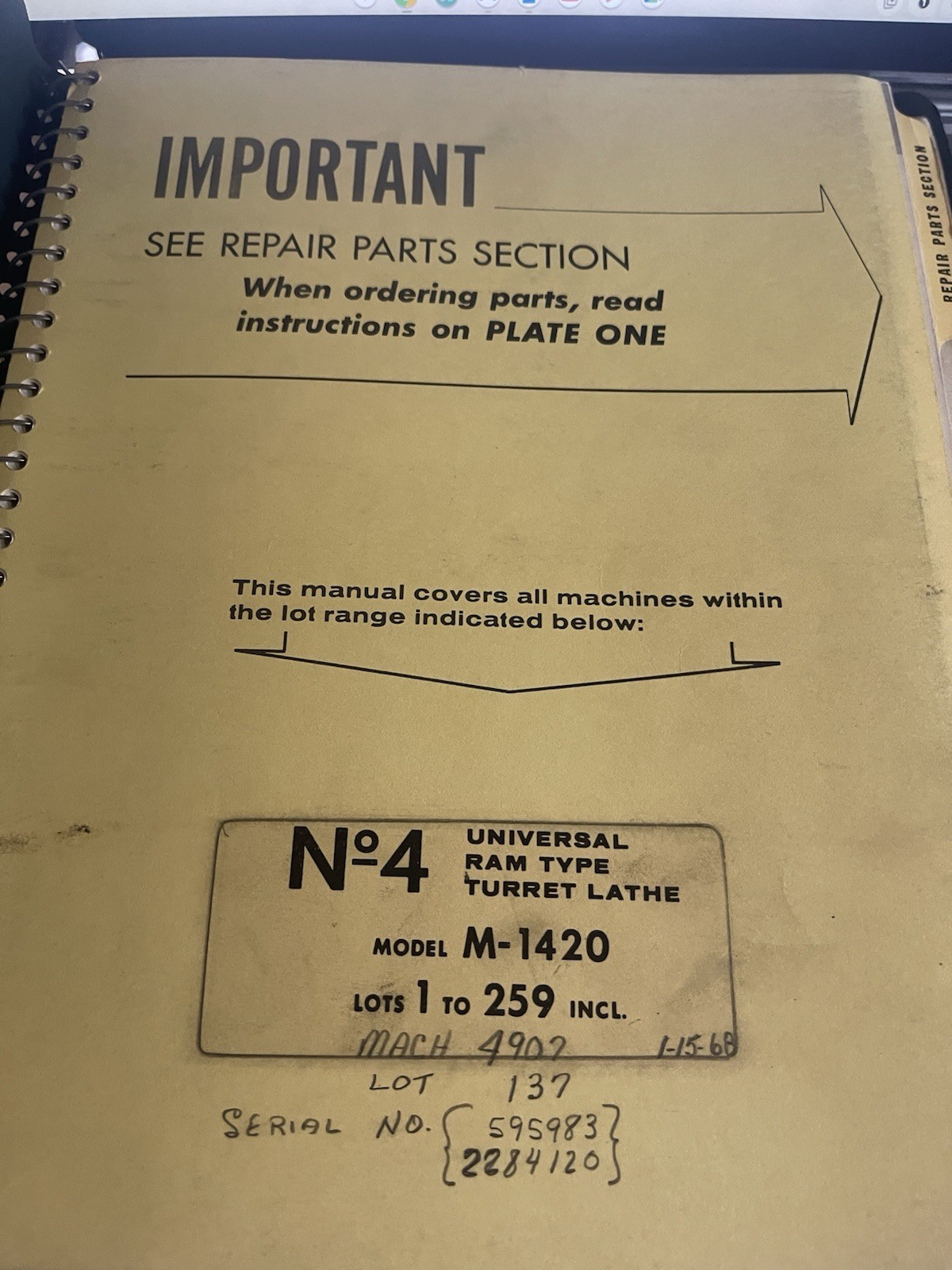 Warner Swasey Service Manual No.4 Universal Ram Type Turret Lathe Model M-1420