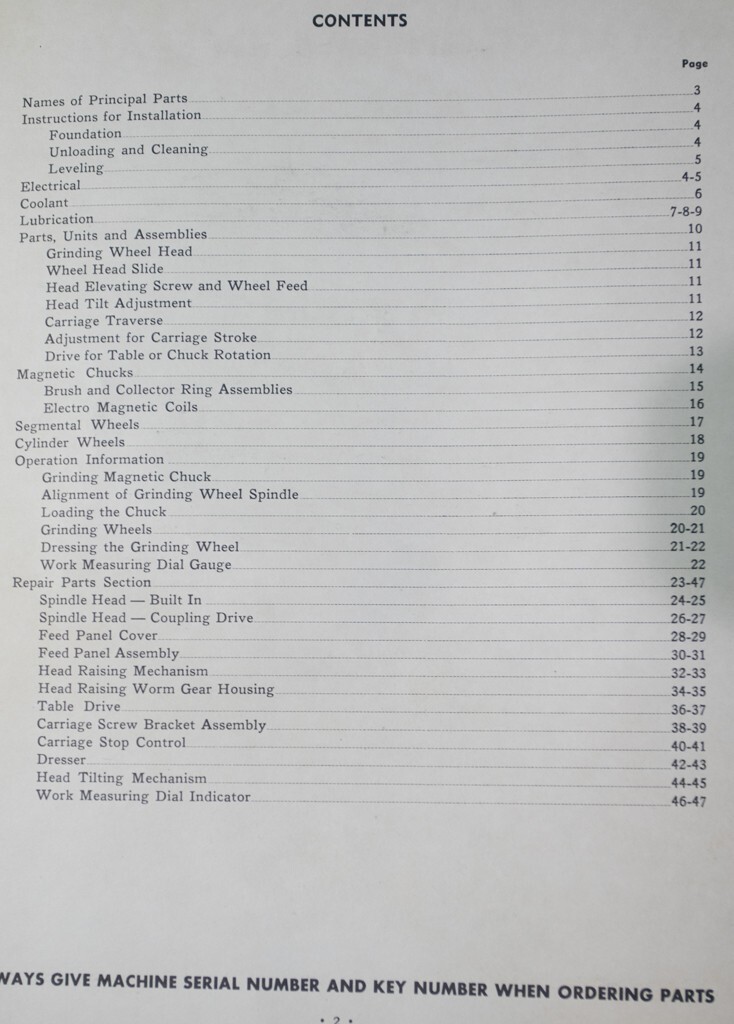 Mattison Rotary Surface Grinder Model 24, 36 – 48 Operator & Parts Manual 1961