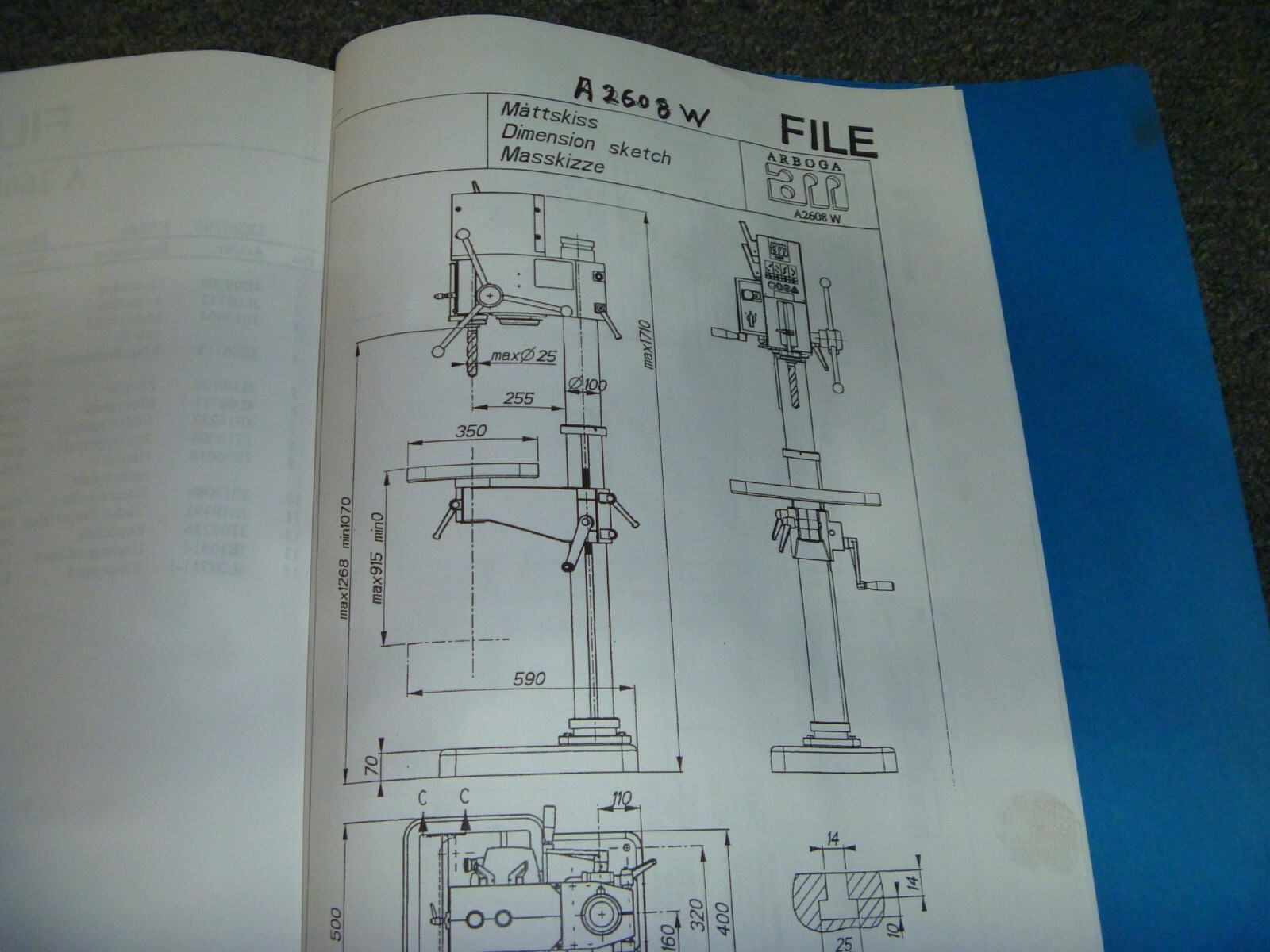 Arboga Maskiner A 2608 W Radial Drill Parts Catalog & Owner Operator Manual