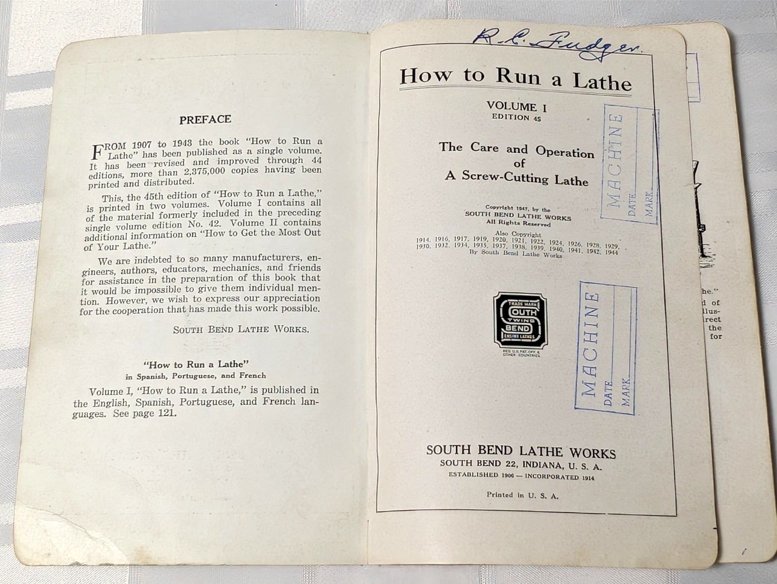 1943 HOW TO RUN A LATHE REFERENCE BOOK MACHINERY VOLUME 1 INFORMATION BOOKLET