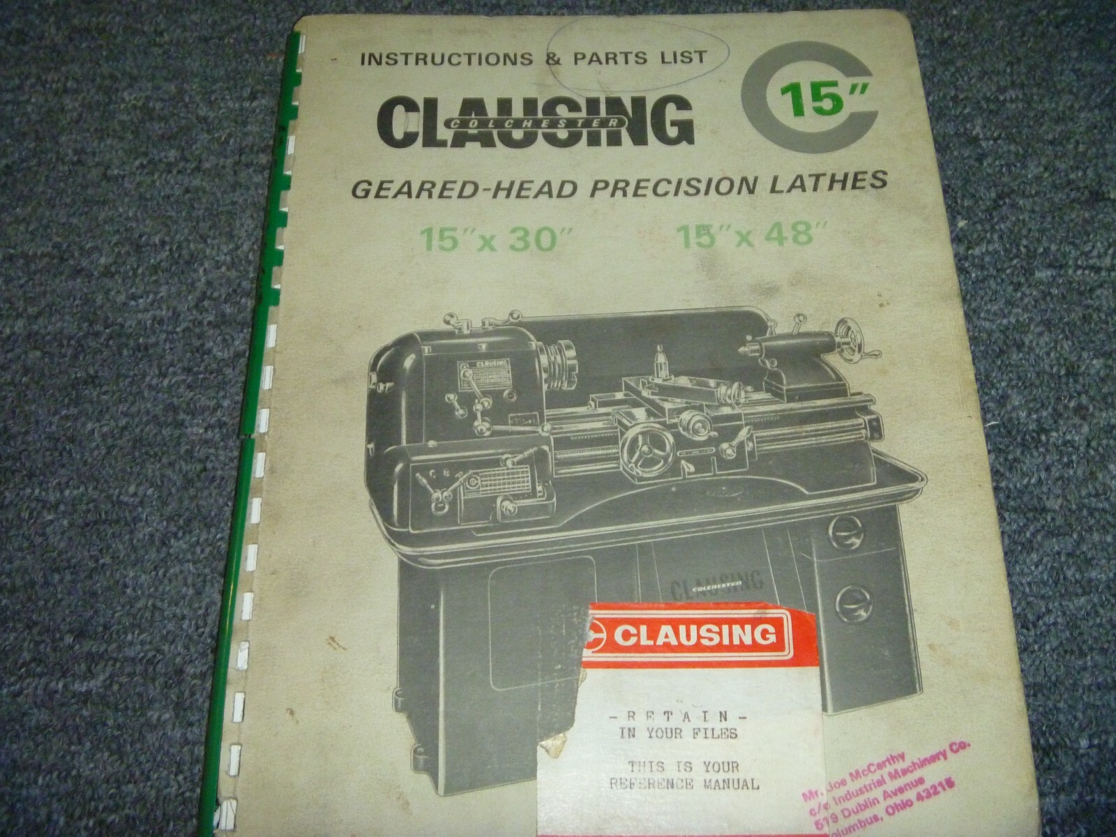 Clausing Colchester 15″ x 30″ Geared Head Lathe Parts Catalog & Operator Manual