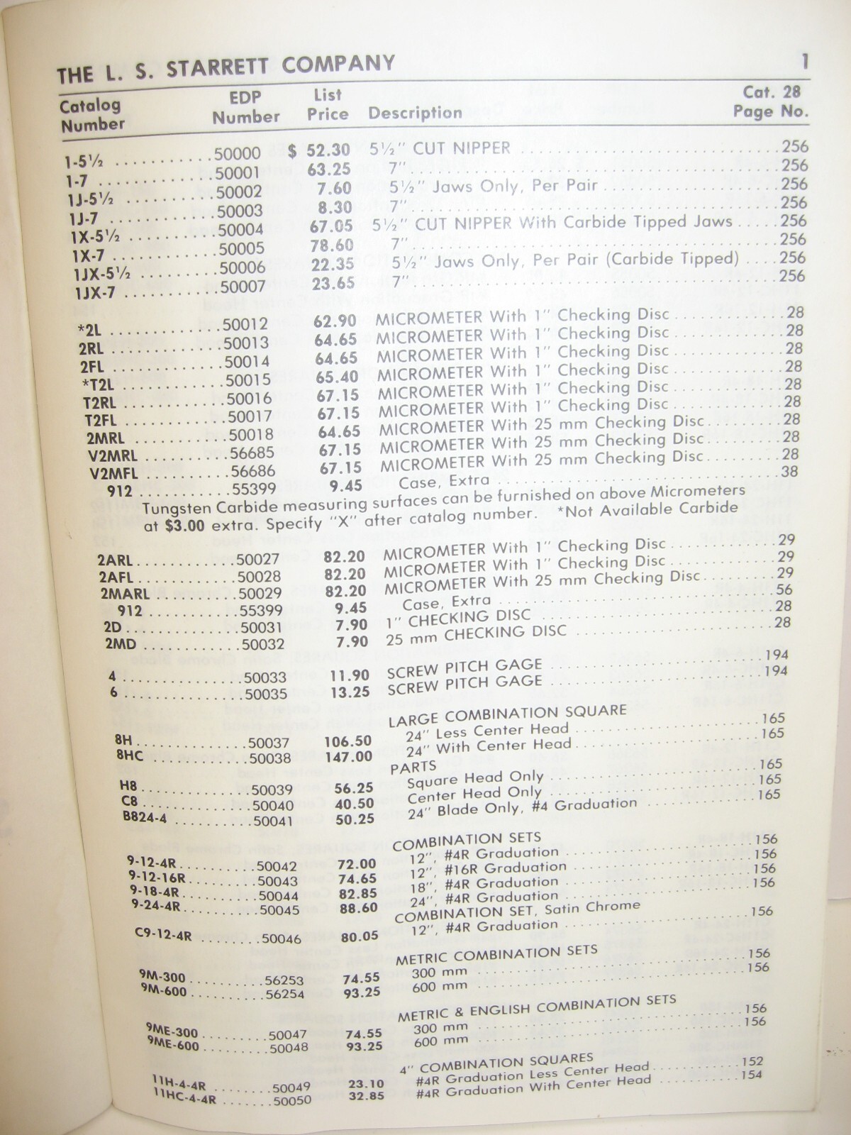 1985 Starrett Tools, Bulletin No 132W. Iss No 33, Resale Net Prices (Cat No 28)