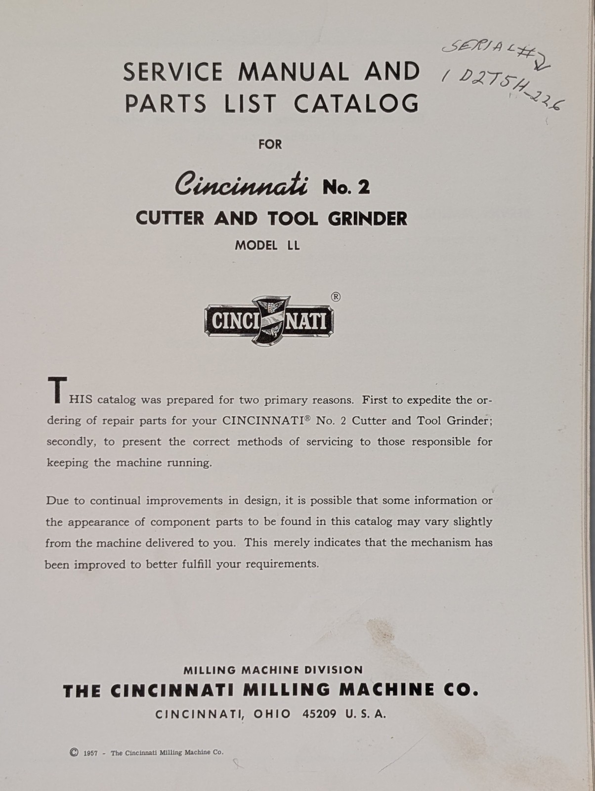 Cincinnati No. 2 LL Cutter & Tool Grinder Service Manual and Parts List Catalog