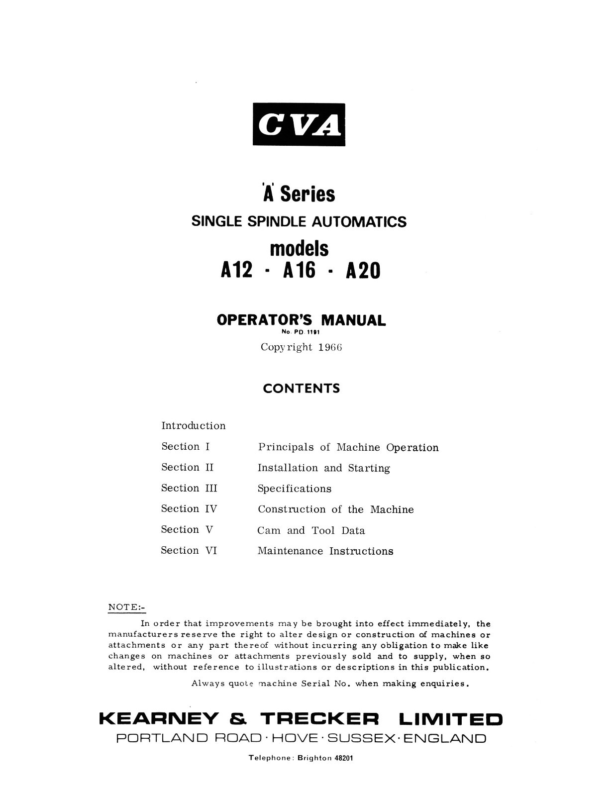 CVA A12, A16, A20 Auto Screw Machine Lathe Operator Manual #820