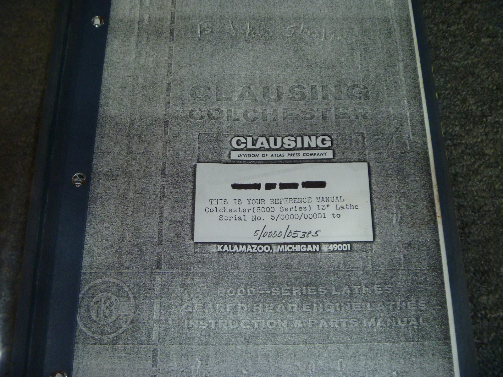 Clausing Colchester 8000 Series 13″ Lathe Parts Catalog & Operator Manual