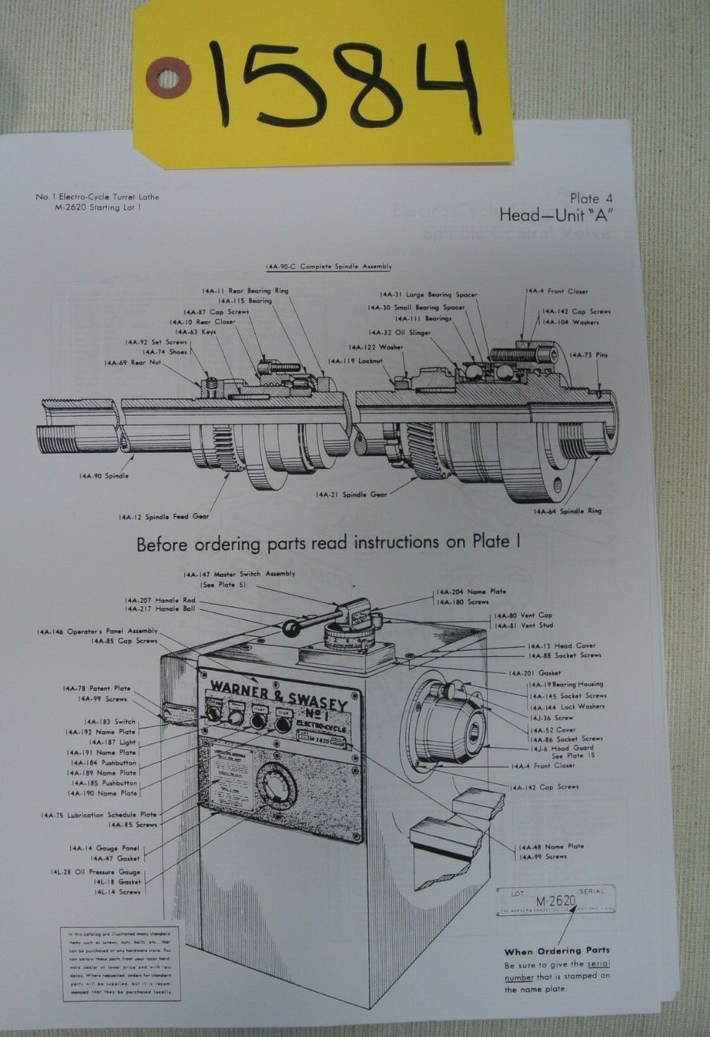 Copy of Warner & Swasey No.1 Electro-Cycle Turret Lathe Manual Parts & Service