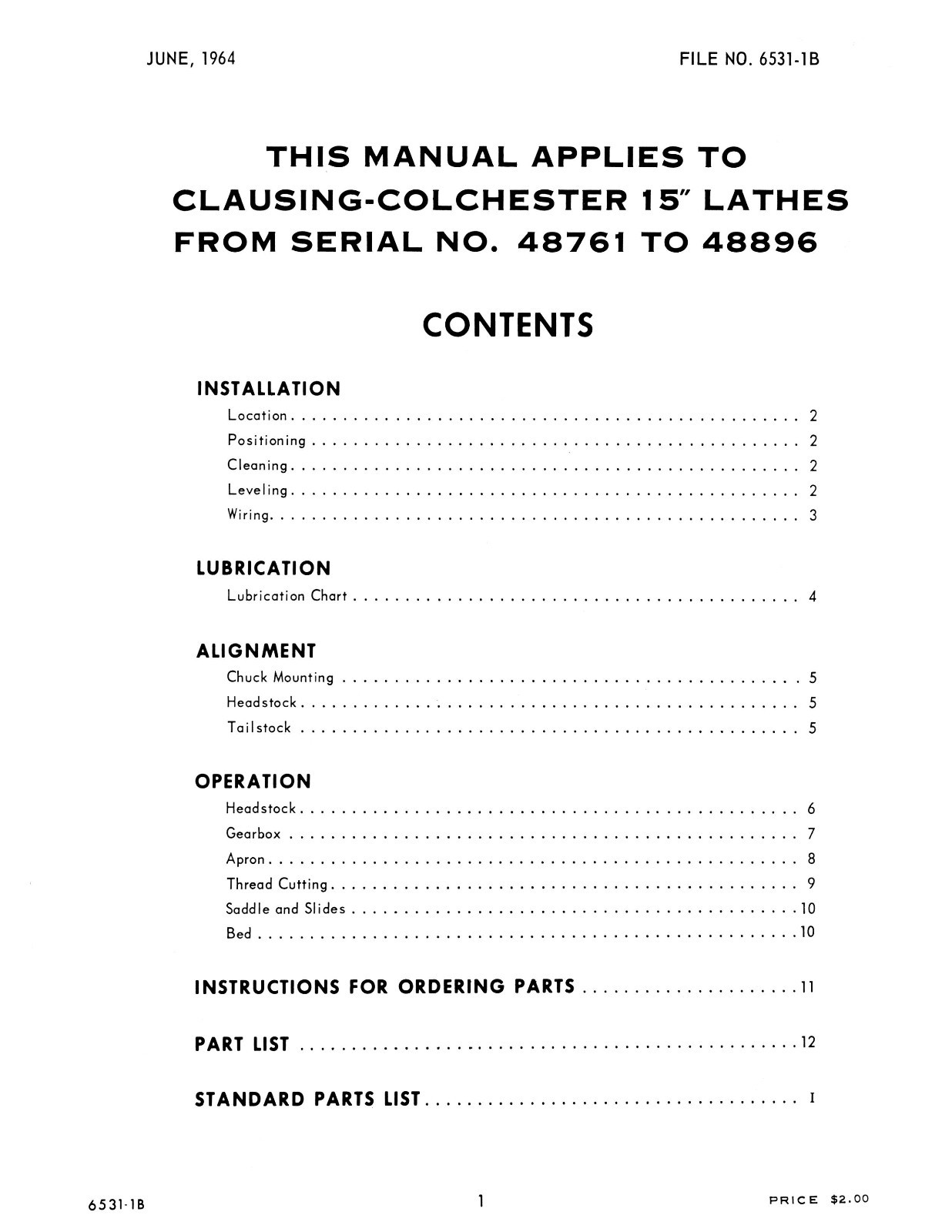 Clausing Colchester 15″ Lathe Instruction & Parts Manual sn: 48761-48896 *1137
