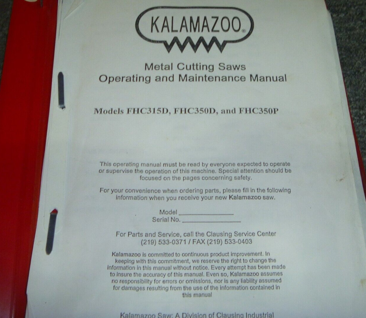 Kalamazoo FHC350P Metal Cutting Saw Owner Operator Maintenance Manual