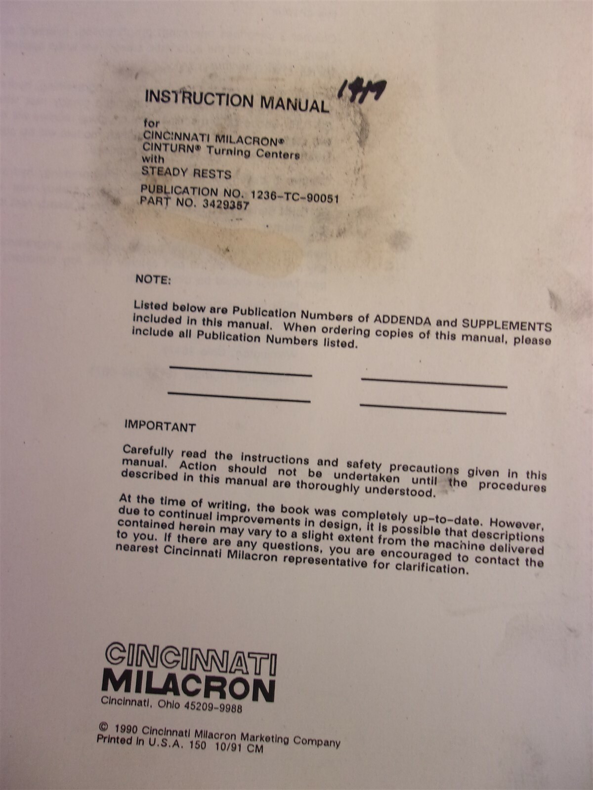 Cincinnati Milacron Instruction Manual For Cinturn 1236-TC-90051 3429357 1990