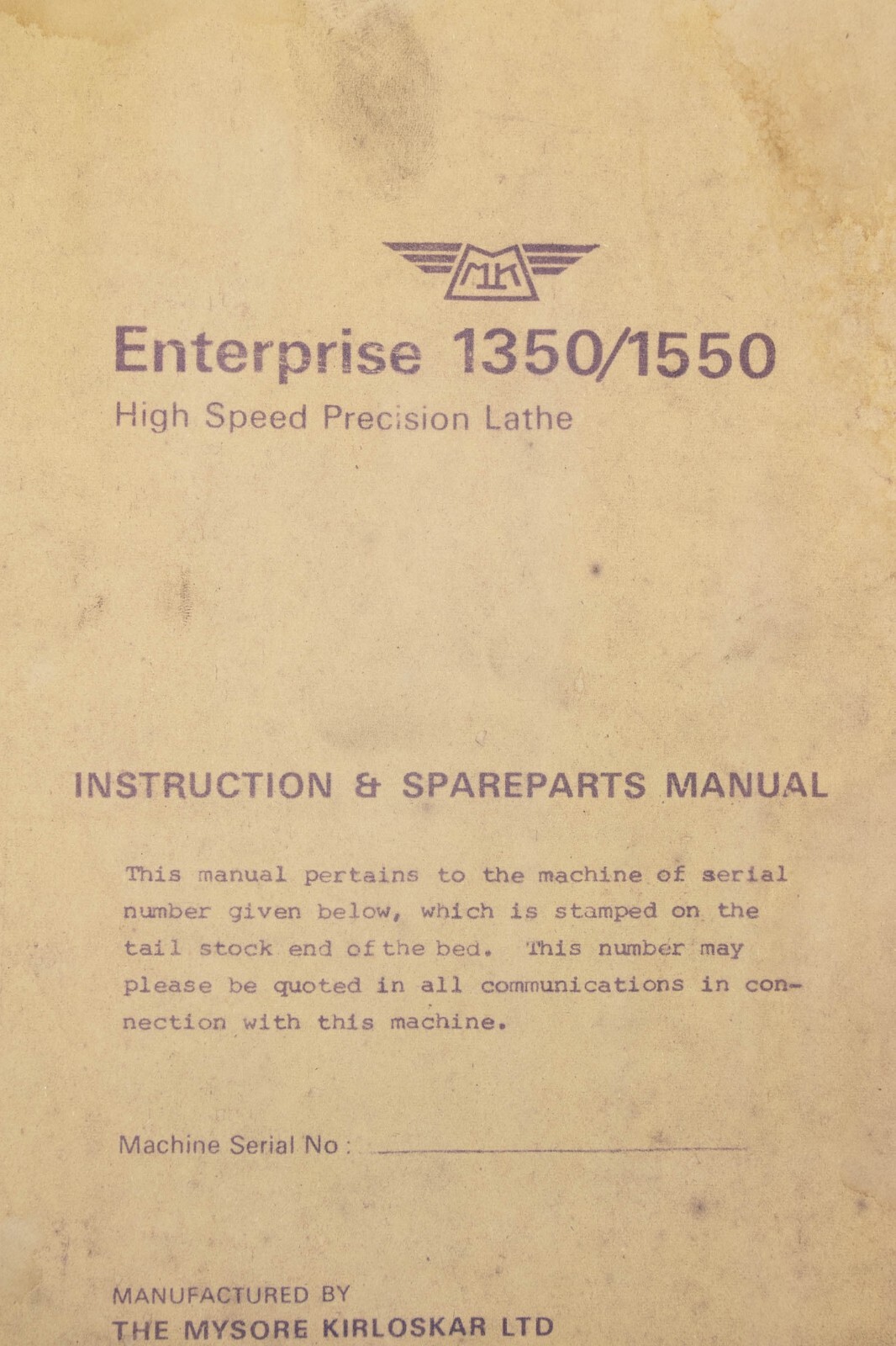Enterprise Model 1350, 1550 Lathe Operations and Parts Manual