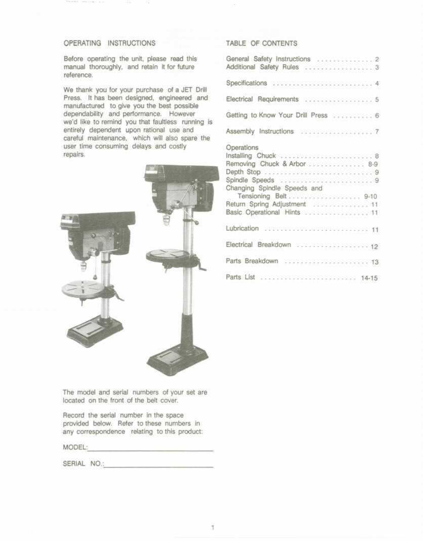 Jet JDP-14J/14M/17M/14JF/14MF/17MF Drill Press Operators Manual *224