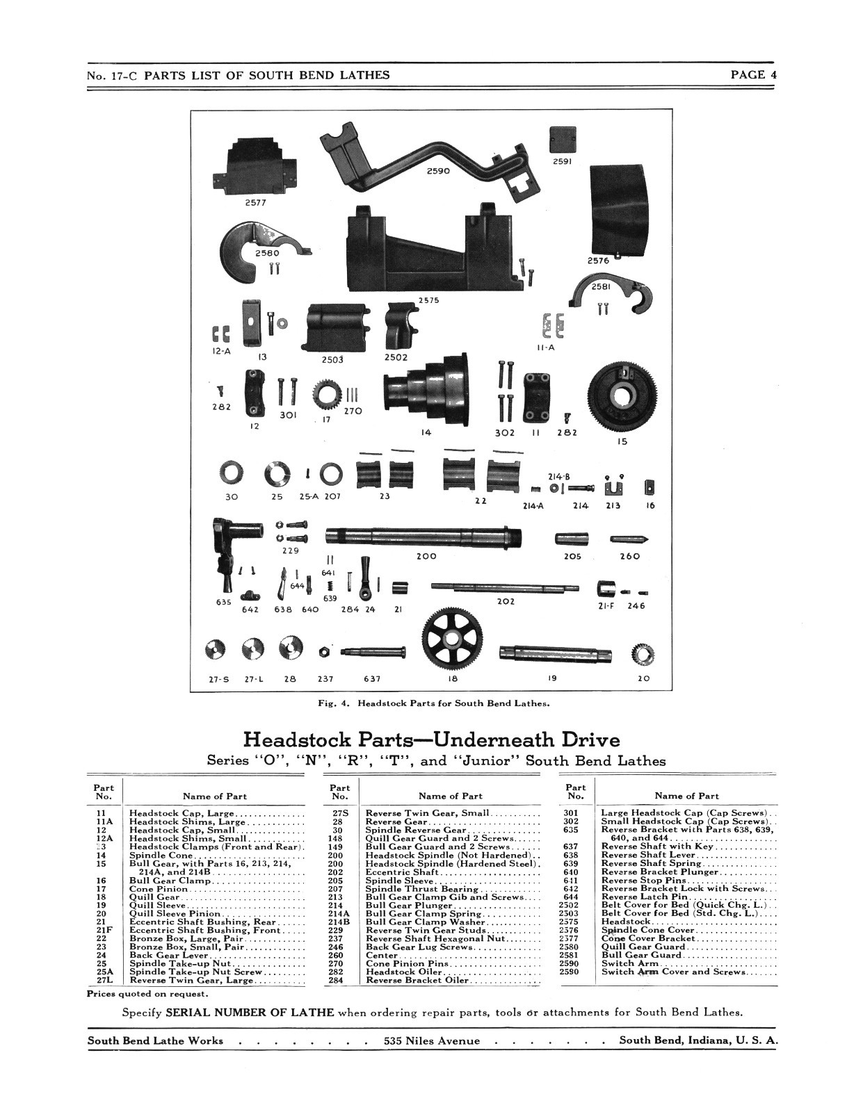 South Bend Series O, N, R, & T Lathe Parts List #1290