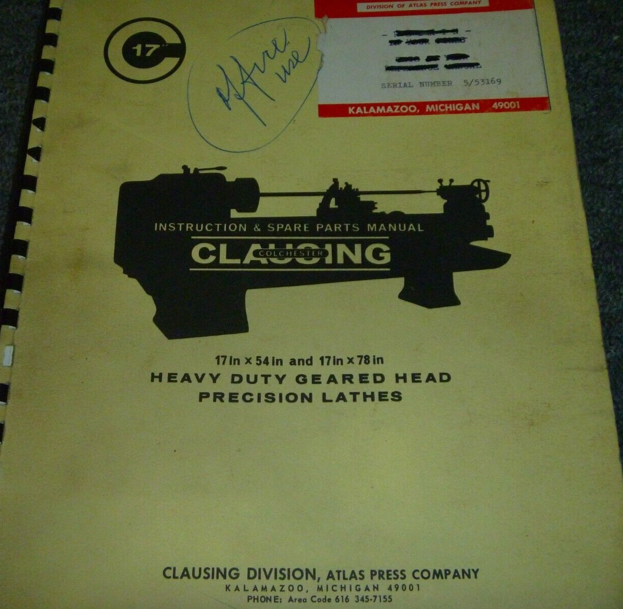 Clausing Colchester 17″ x 78″ Geared Head Lathe Parts Catalog & Operator Manual