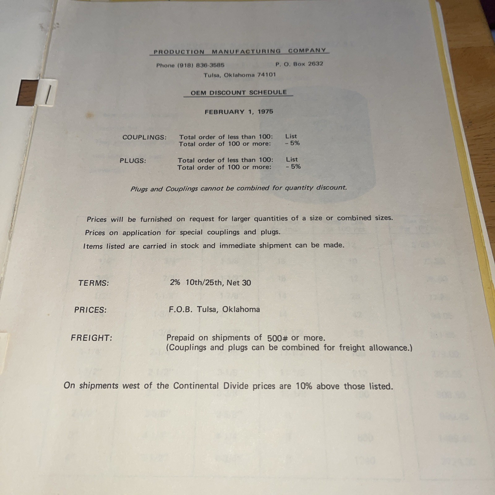 Production Manufacturing Company Price lists, Feb. 1975