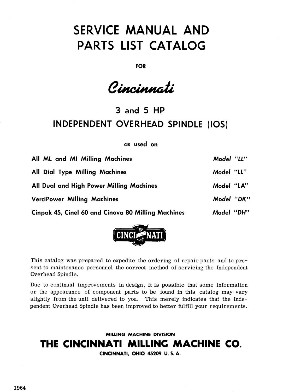 Cincinnati 3 & 5 HP Independent Overhead Spindle Milling Machine Manual 1578