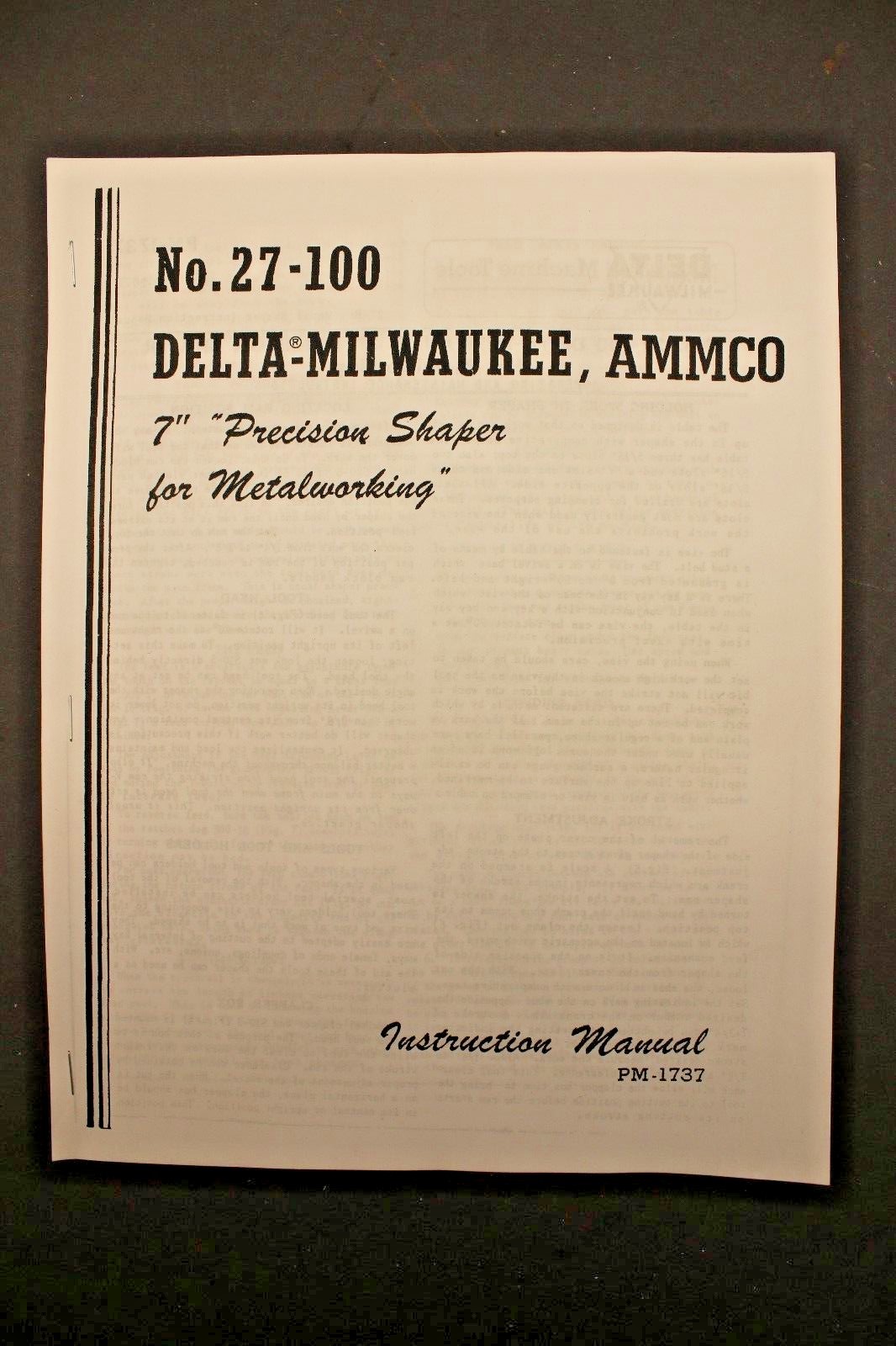 No. 27-100 Delta Milwaukee AMMCO 7″ Metal Shaper Instruction & Parts Manual