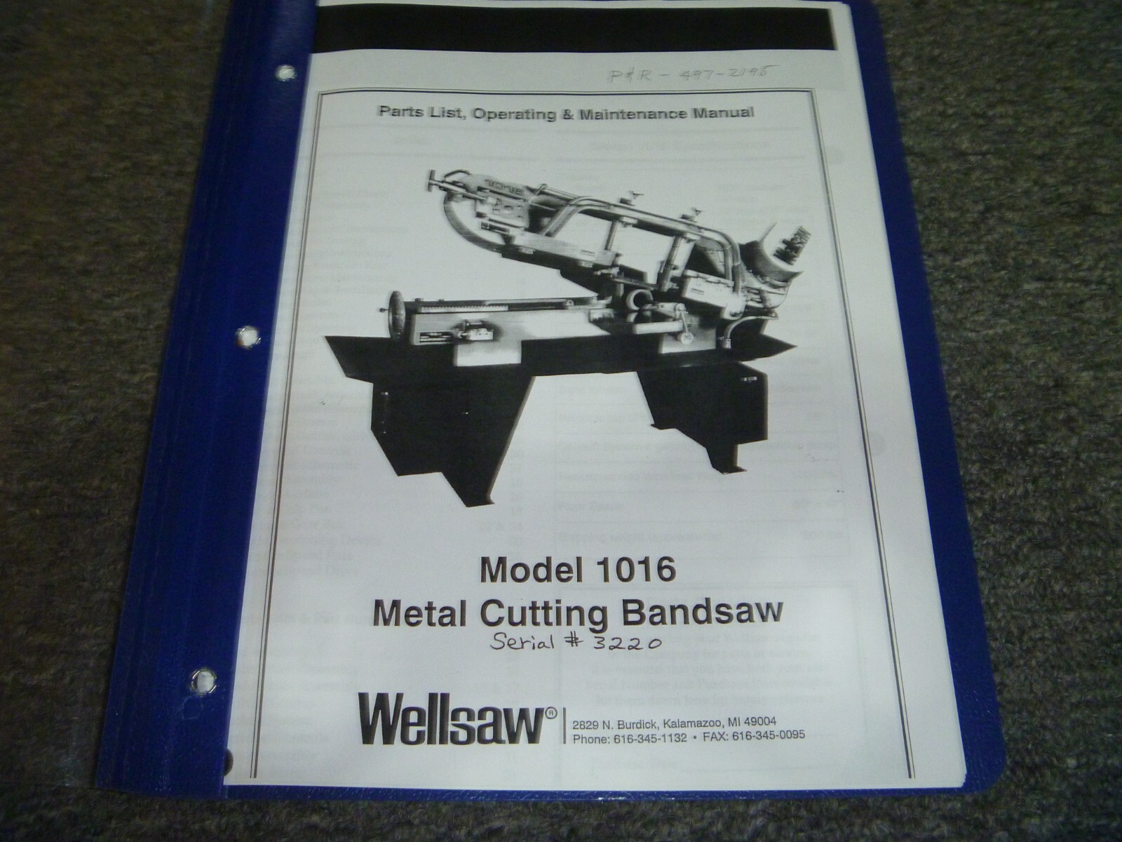 Wellsaw 1016 Metal Band Saw Parts Catalog Operator & Maintenance Manual SN 3220