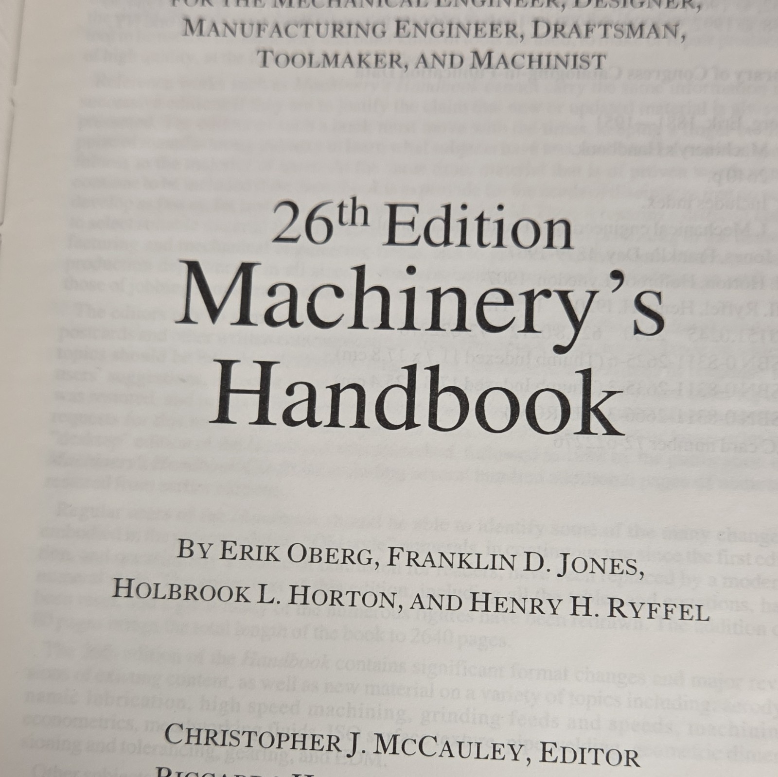 Industrial Press Inc. Machinery’s Handbook 26th Edition Book