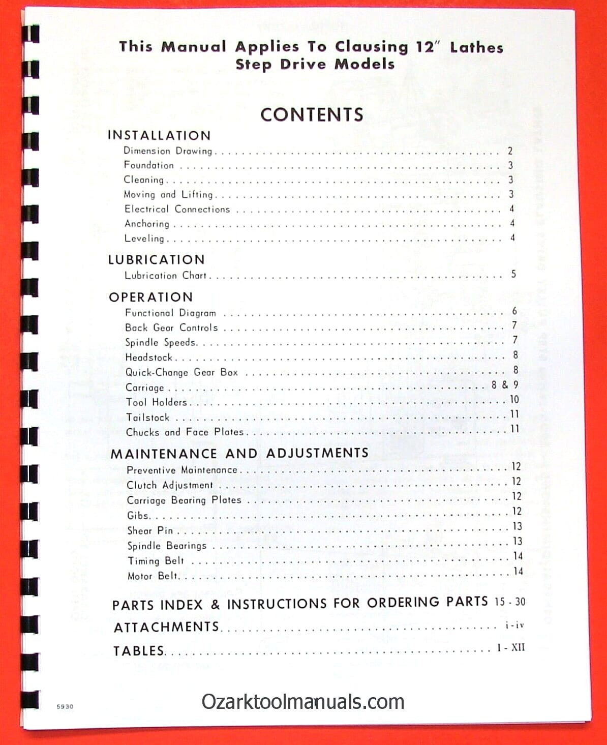CLAUSING 12″ 5900 Series Step-Pulley Metal Lathe Instruction & Part Manual 0138
