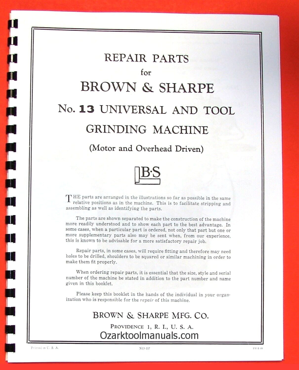 BROWN & SHARPE Old 13 Universal Tool Grinder Parts Manual 0785