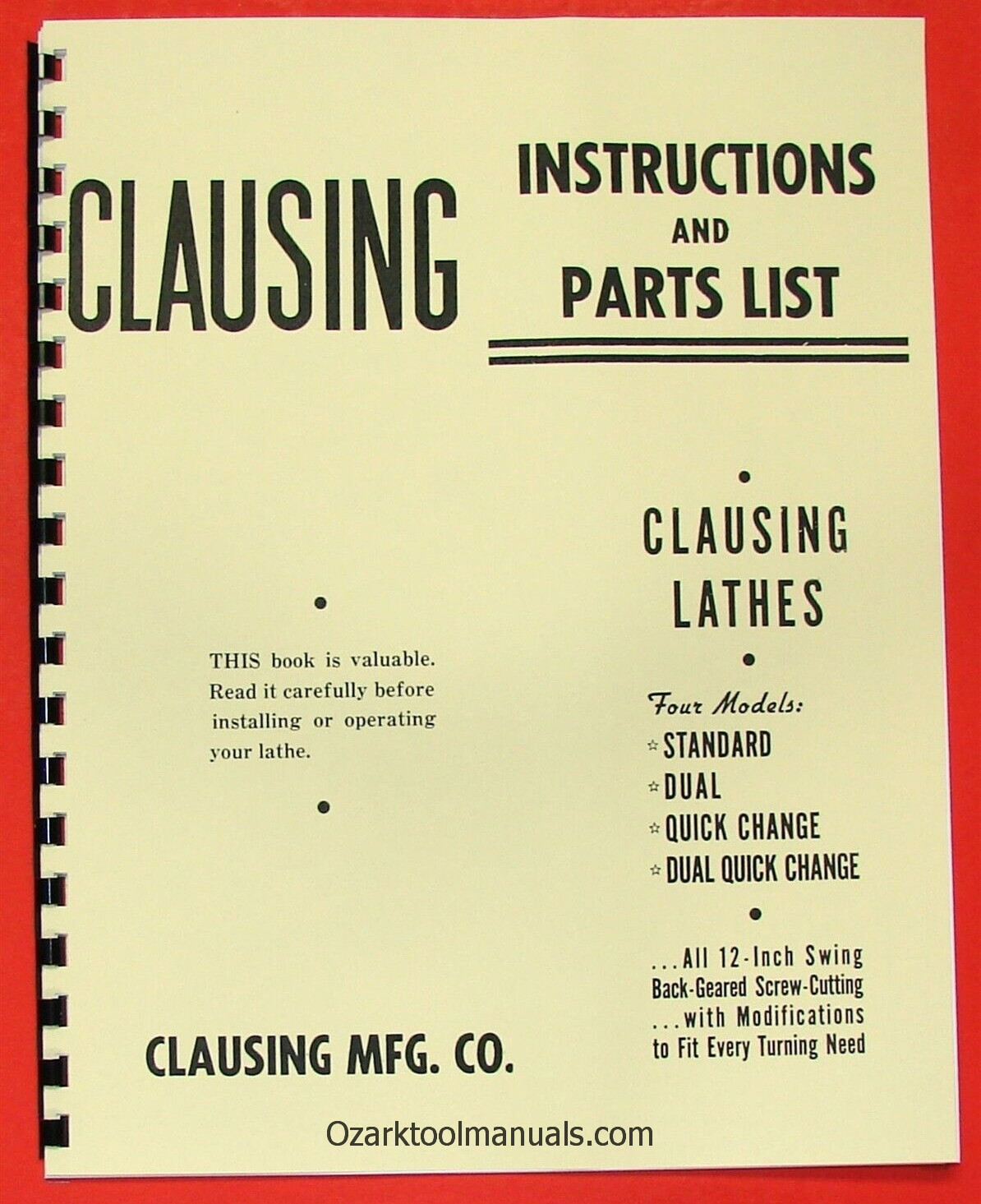 CLAUSING Atlas 12″ 100 Series Lathe Operator’s Instructions & Parts Manual 0954
