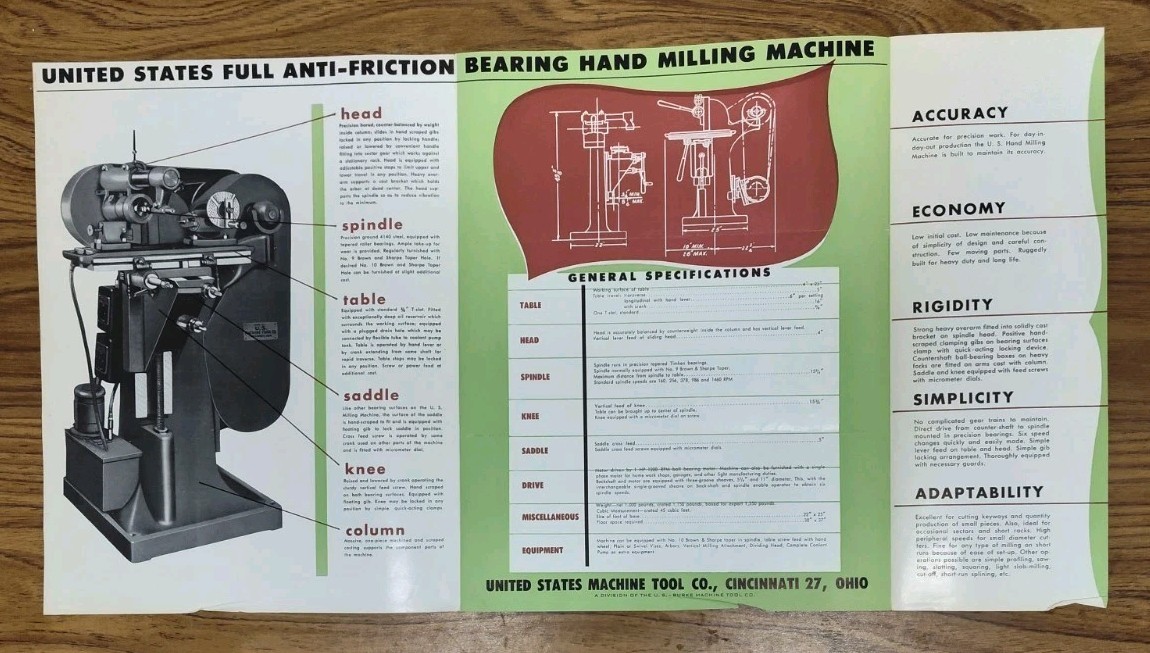 United States Machine Tool Ohio Hand Milling Machine Industrial Brochure Vintage