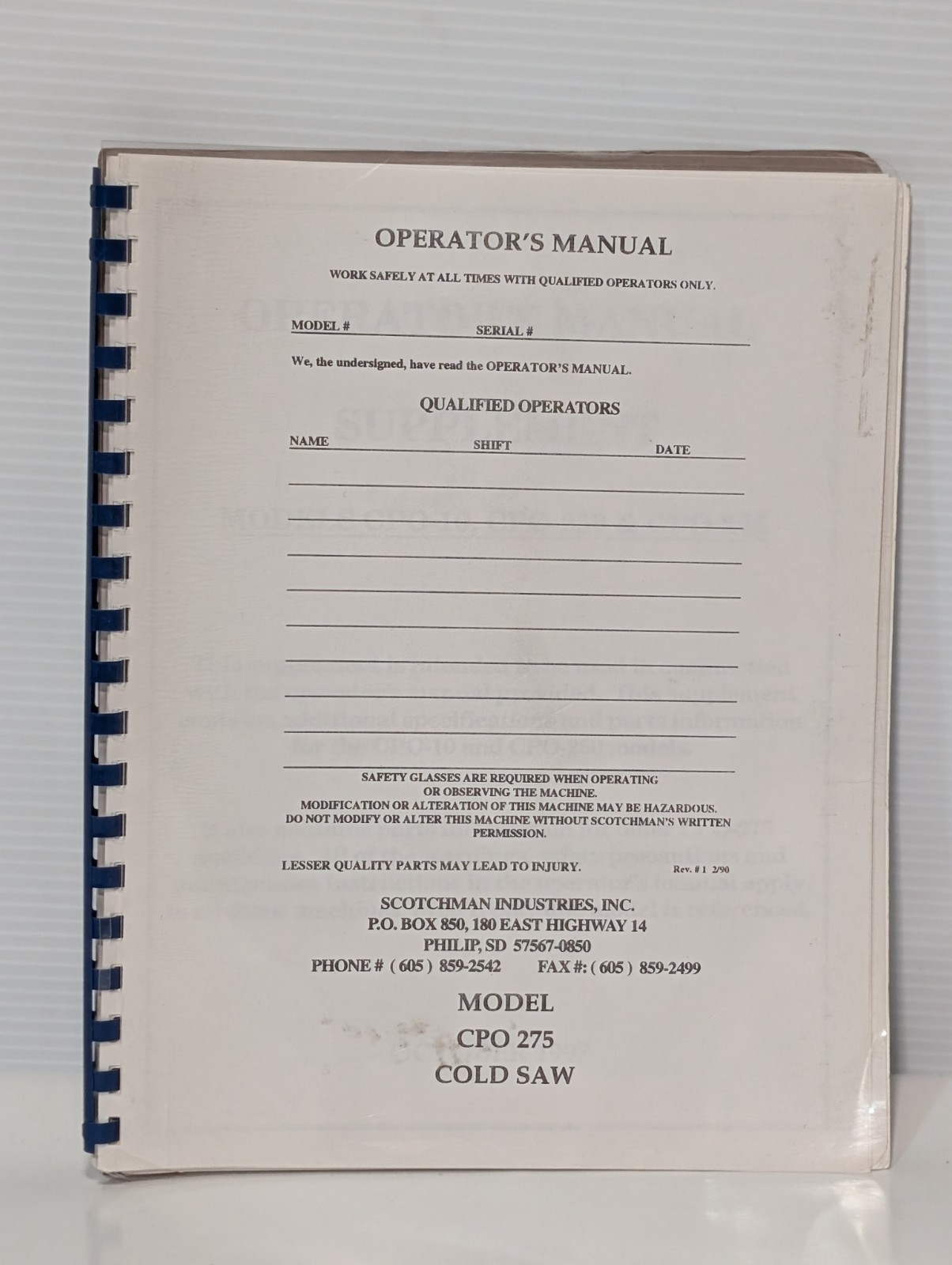 Scotchman Industries Model CPO-275 Cold Saw 1997 Operator’s Manual w/ Supplement