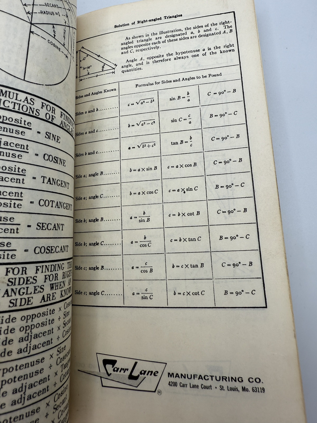 Carr Lane Trigonometry Tables Handy Reference Data for Engineers Vintage 1974