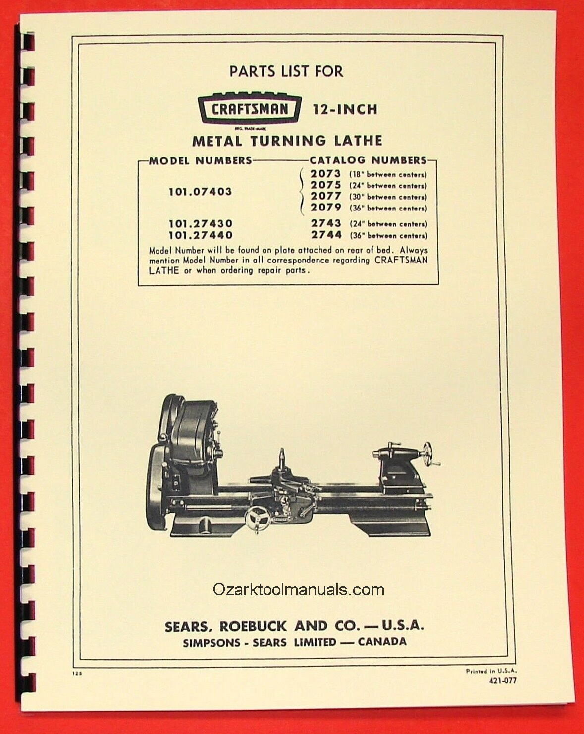 CRAFTSMAN/ATLAS 12″ Metal Lathe 101.07403 101.27430 101.27440 Parts Manual 0191