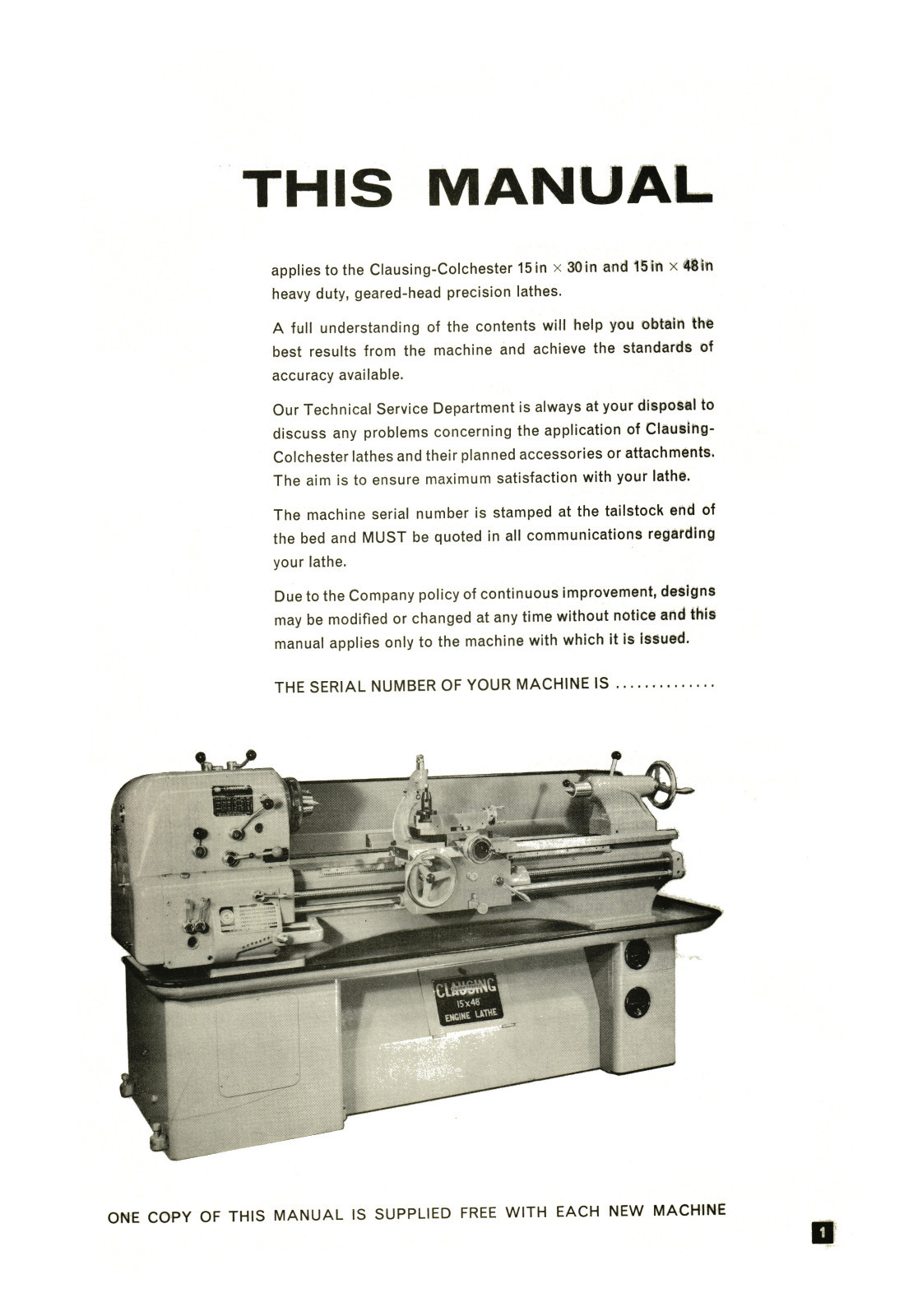 Clausing Colchester 15″ Lathe 15×30 15×48 Gap Bed Instruct & Parts Manual #1362