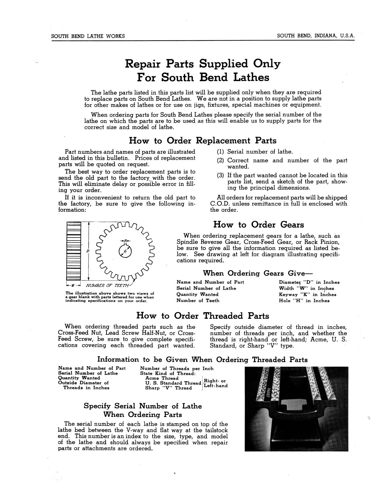 South Bend 9″ Model B Lathe Standard Change Gear lathes Parts Manual #1291
