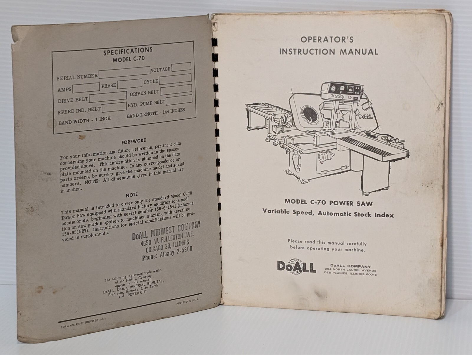 DoALL Model C-70 Power Saw Operator’s Instruction Manual, Free USA Ship